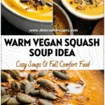 Golden vegan coconut curry butternut squash soup served in a white bowl with toasted seeds.