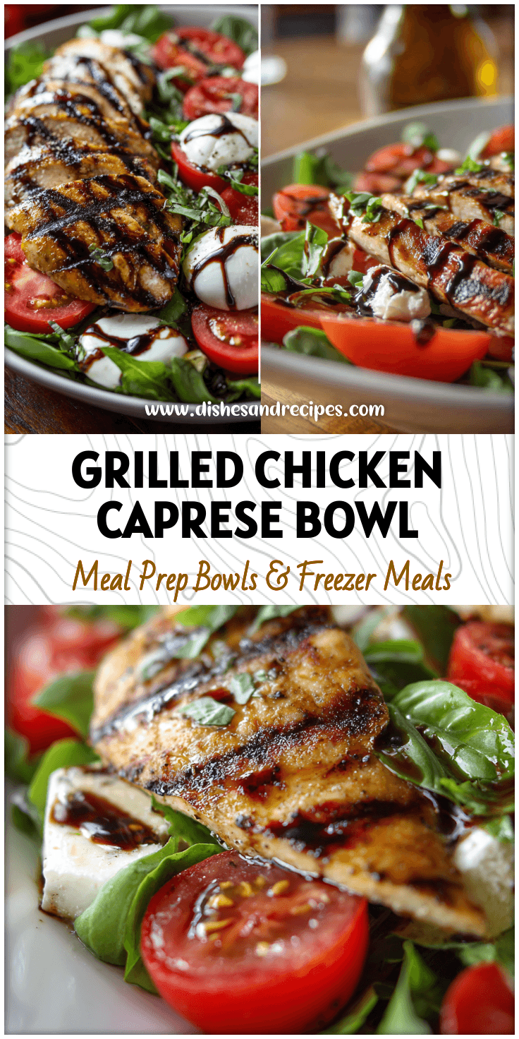 Plate of Balsamic Grilled Chicken Salad with Caprese-inspired layers of tomato, basil, and mozzarella.