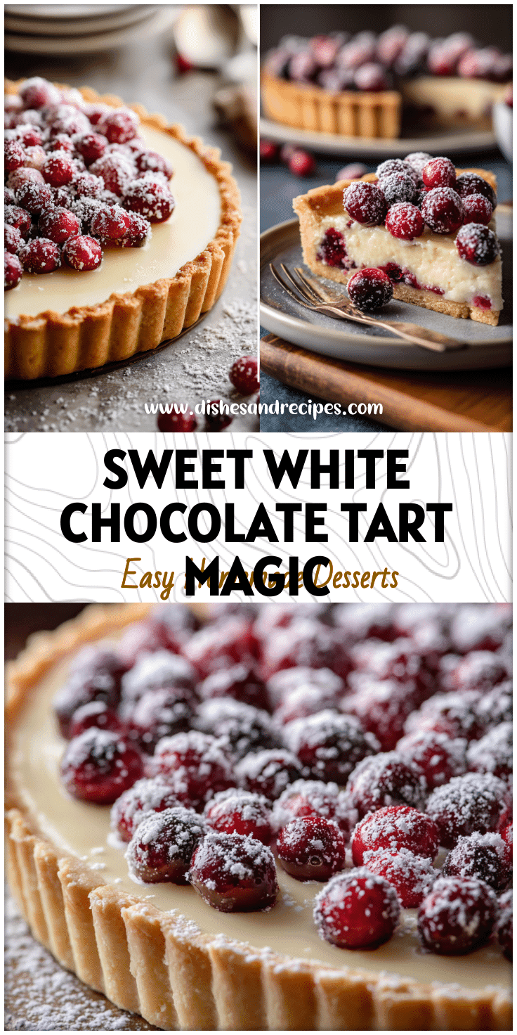 A festive White Chocolate Cranberry Tart topped with sugared cranberries on a holiday table setting.