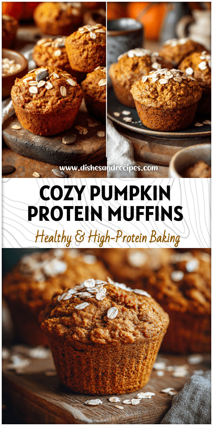 Golden Whole Wheat Pumpkin Protein Muffins topped with oats on a rustic fall kitchen table.