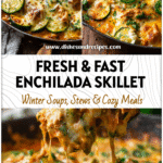 Zucchini chicken enchilada skillet made with rotisserie chicken and melted cheese in a rustic skillet.