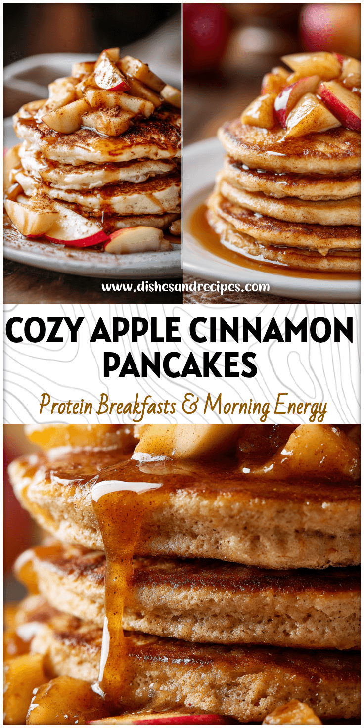 Stack of fluffy Apple Cinnamon Cottage Cheese Pancakes topped with warm apple slices and cinnamon drizzle.