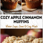 Apple Cinnamon Crumble Muffins with Buttery Streusel Topping 5 Freshly baked Apple Cinnamon Streusel Muffins topped with golden buttery crumble on a rustic kitchen table