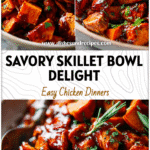 BBQ Chicken Sweet Potato Skillet Bowl Dinner Ideas 5 Skillet filled with BBQ chicken, roasted sweet potatoes, and fresh herbs served as a barbecue chicken bowl.