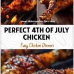 Close-up of BBQ grilled chicken drumsticks on skewers sizzling over a summer smoker for a 4th of July recipe.