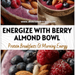 Colorful Berry Almond Smoothie Bowl Vegan topped with berries and almonds in a rustic bowl.