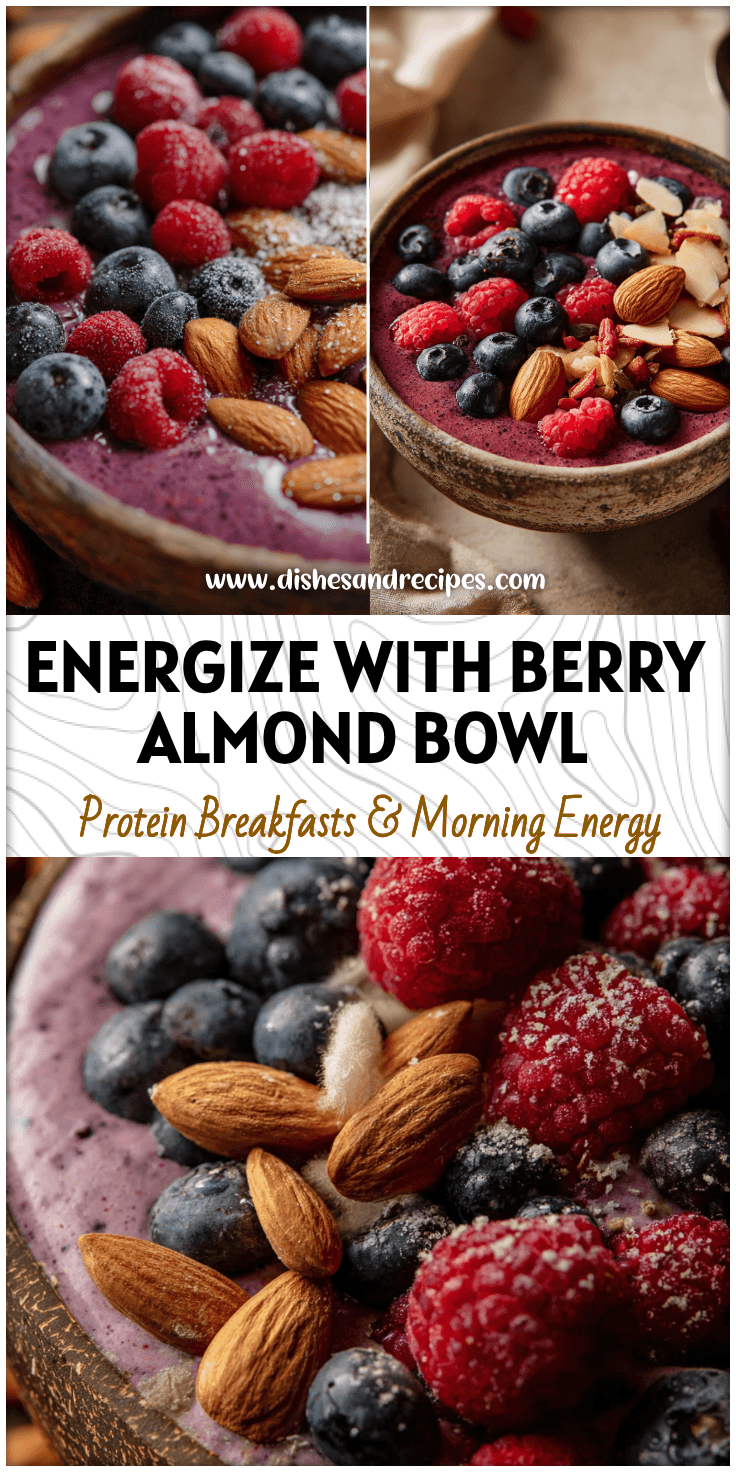 Colorful Berry Almond Smoothie Bowl Vegan topped with berries and almonds in a rustic bowl.