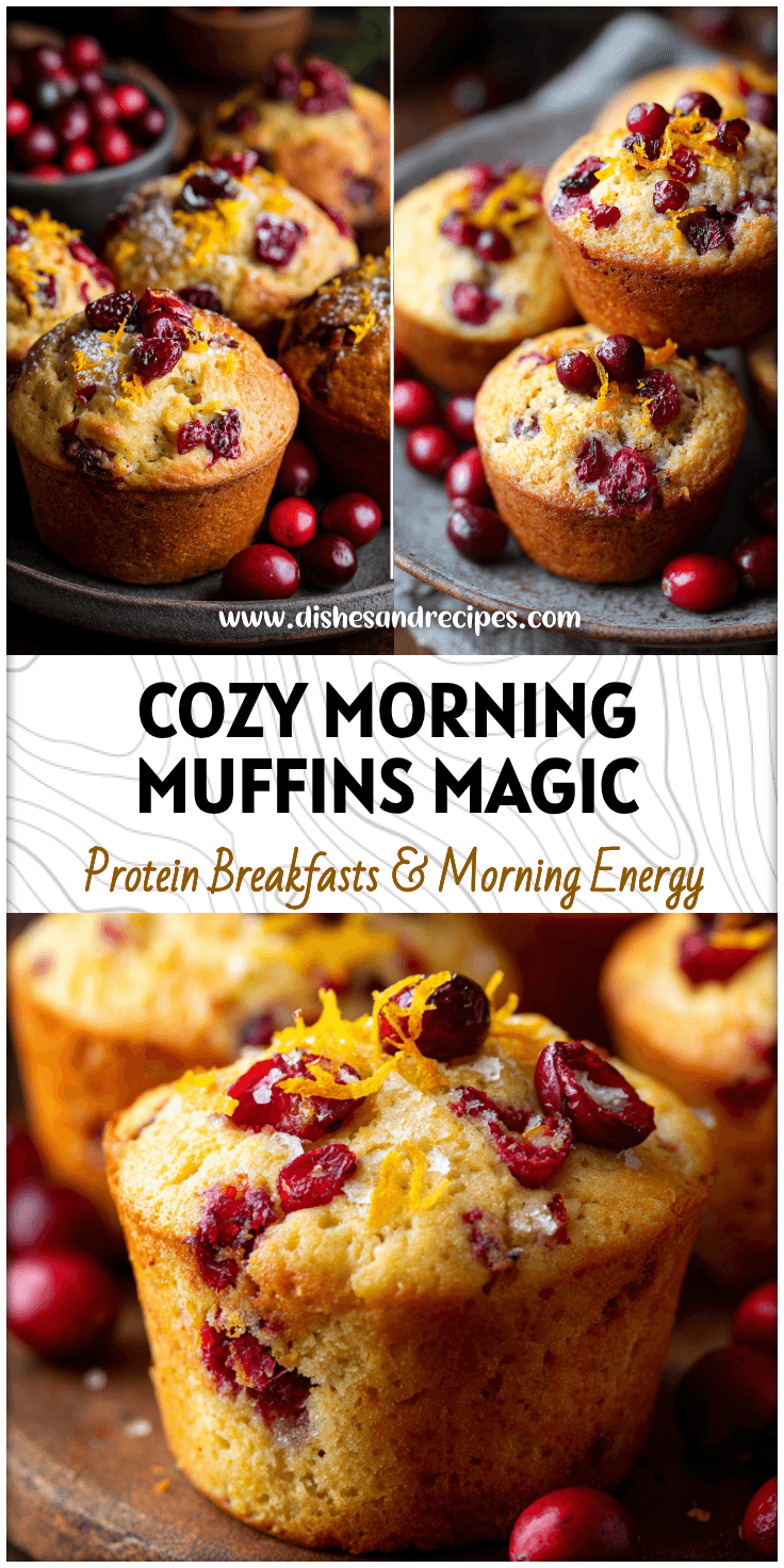 Golden brown moist Cran Orange Muffins topped with fresh cranberries and orange zest on a rustic breakfast table