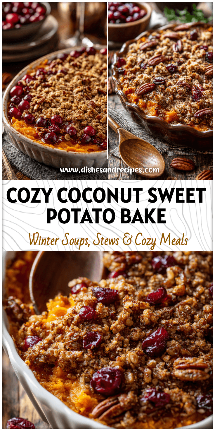 Coconut sweet potato casserole topped with golden oat crumble and candied pecans on a rustic table.