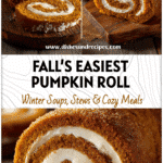 A sliced Cake Mix Pumpkin Roll with cream cheese filling on a rustic wooden board.