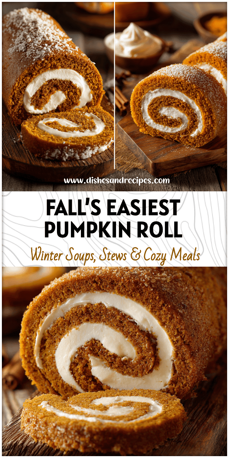 A sliced Cake Mix Pumpkin Roll with cream cheese filling on a rustic wooden board.