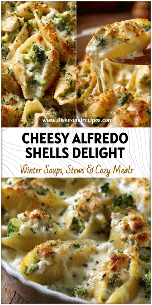 Cheesy Chicken and Broccoli Alfredo Stuffed Shells baked golden with creamy white sauce.
