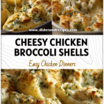 Cheesy Chicken & Broccoli Stuffed Alfredo Shells Without Ricotta 5 Baked cheesy chicken and broccoli Alfredo stuffed shells without ricotta served hot in a casserole dish