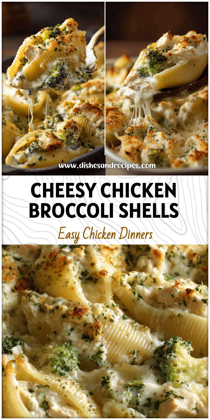Baked cheesy chicken and broccoli Alfredo stuffed shells without ricotta served hot in a casserole dish
