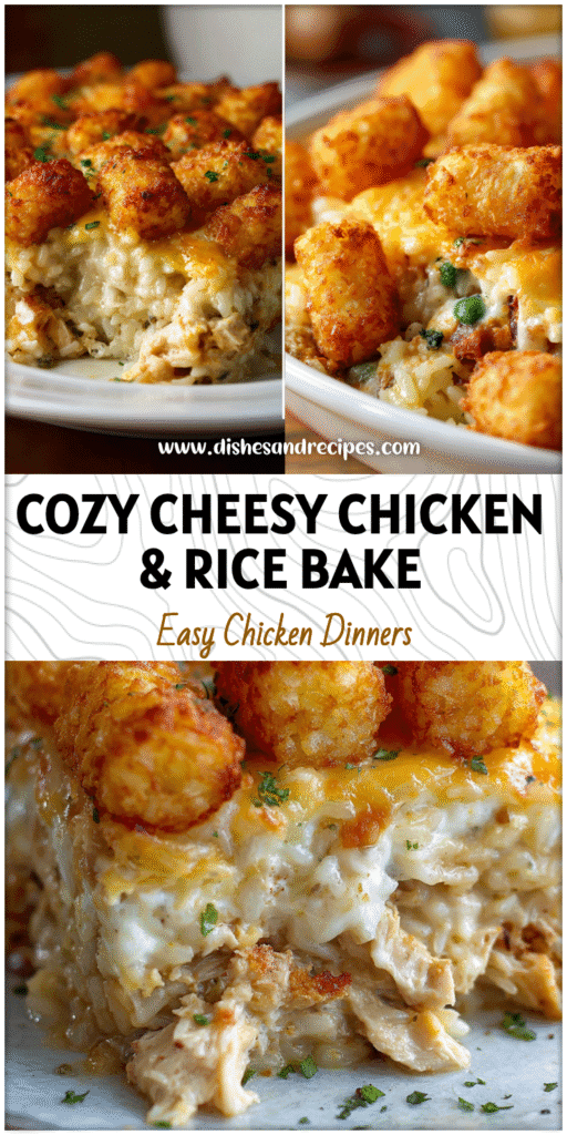 Home 9 Golden Tater Tots topping a creamy cheesy chicken and rice casserole in a winter bake dish