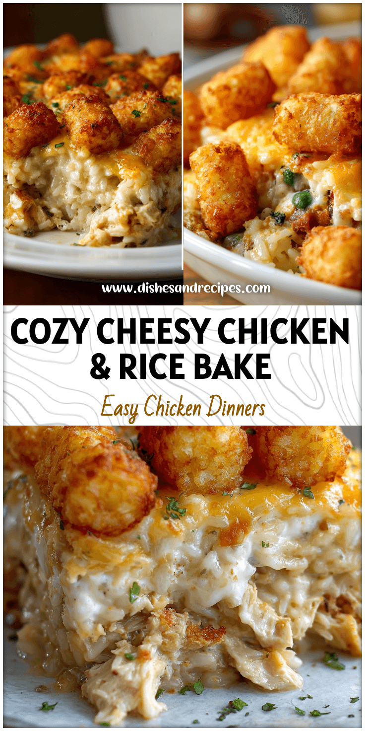 Golden Tater Tots topping a creamy cheesy chicken and rice casserole in a winter bake dish