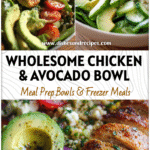 Colorful Chicken With Avocado Salad Bowl topped with grains, greens, and fresh vegetables.