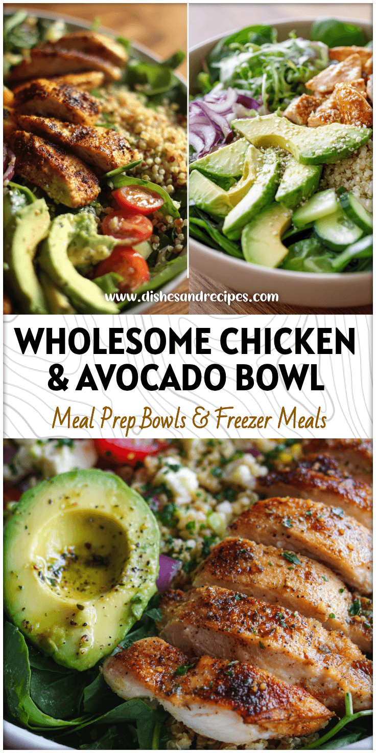 Colorful Chicken With Avocado Salad Bowl topped with grains, greens, and fresh vegetables.