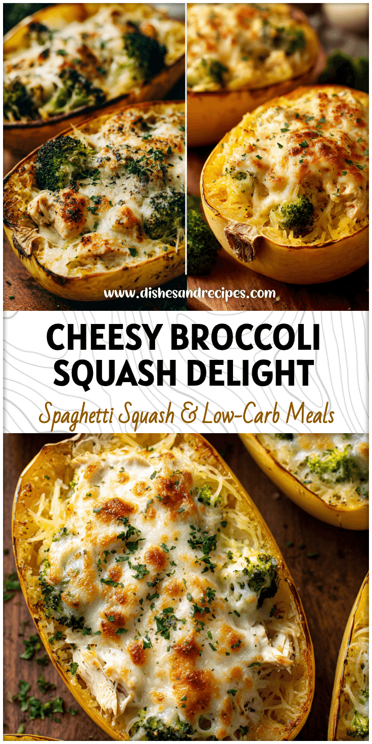 Golden baked chicken and Broccoli Cheese Spaghetti Squash halves topped with melted cheddar and herbs.