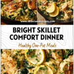 A skillet filled with Chicken Orzo Spinach Lemon and Parmesan garnished with fresh herbs.