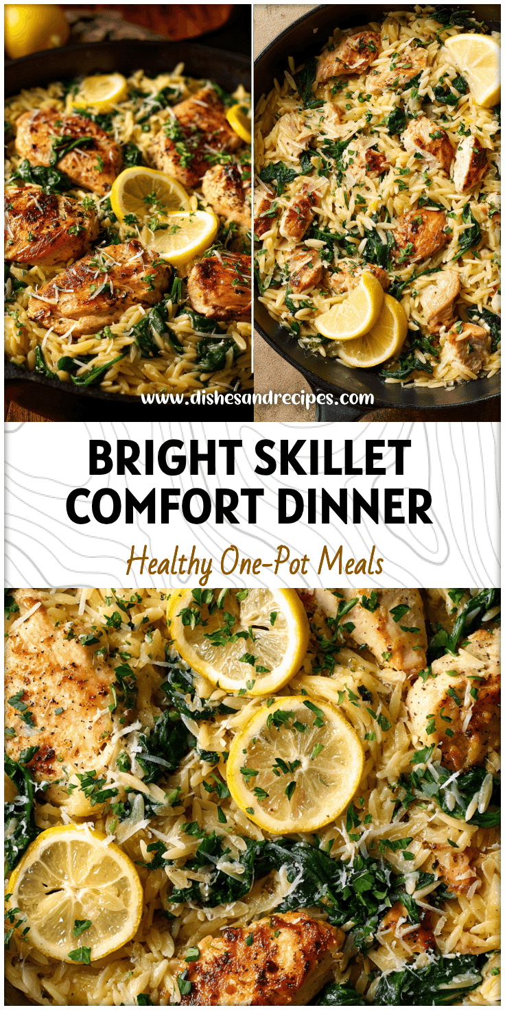 A skillet filled with Chicken Orzo Spinach Lemon and Parmesan garnished with fresh herbs.
