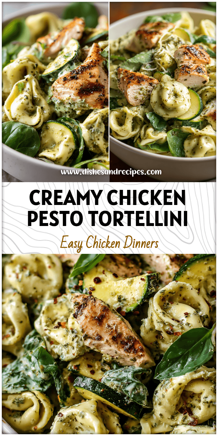 Creamy chicken pesto tortellini salad with zucchini and pesto spinach in a white bowl.