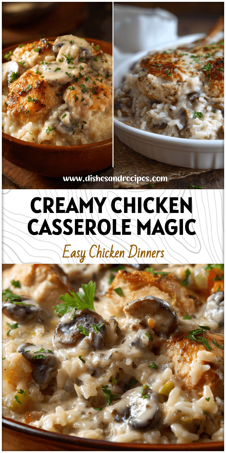 Baked chicken and rice casserole topped with creamy mushroom sauce in a rustic dish.