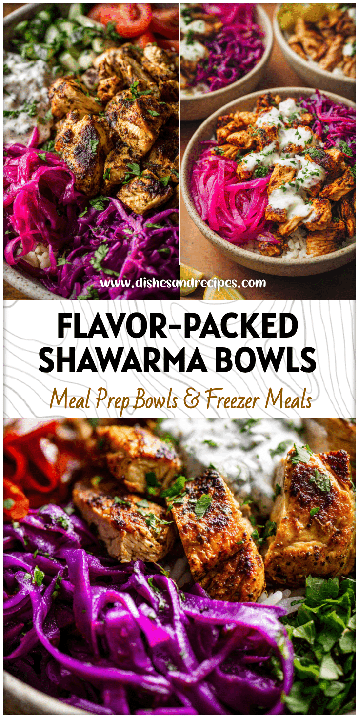 Colorful Chicken Shawarma Meal Prep Bowls topped with pickled red cabbage for easy lunch prep.
