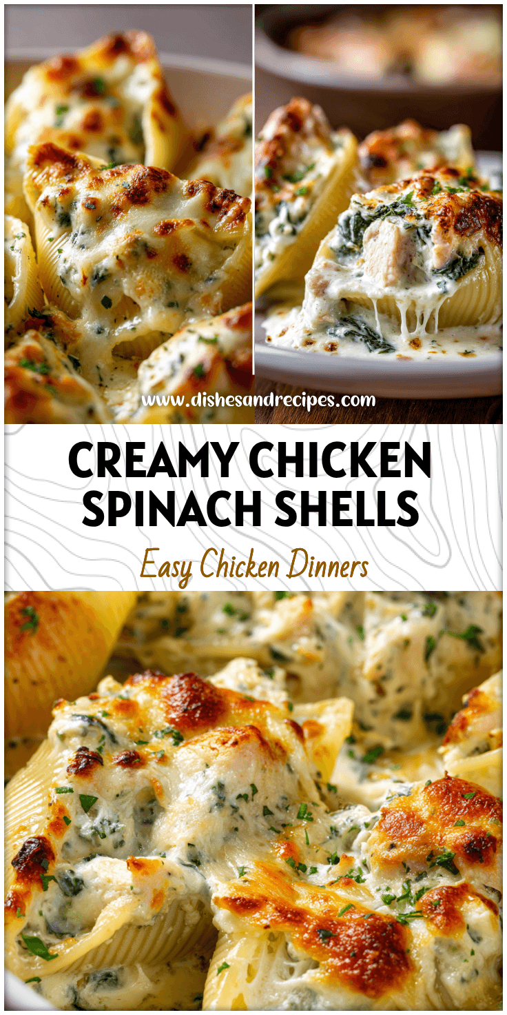 Baked Chicken and Spinach Stuffed Shells topped with creamy white sauce and melted cheese.