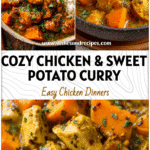 Bowl of Chicken & Sweet Potato Curry garnished with herbs, a wholesome crockpot dinner option.