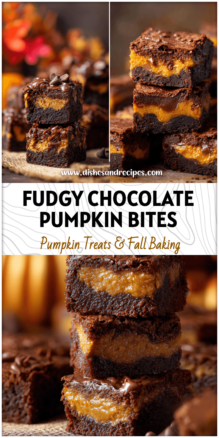 Close-up of chocolate pumpkin brownie bites with pumpkin pie filling on a rustic fall table.