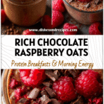 A jar of creamy chocolate overnight oats topped with fresh raspberries and dark chocolate shavings.