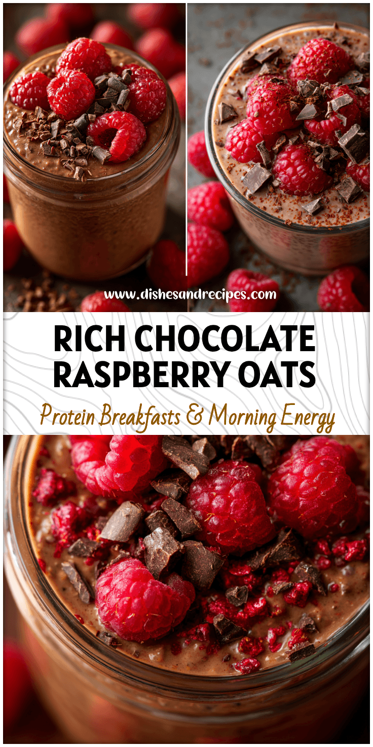 A jar of creamy chocolate overnight oats topped with fresh raspberries and dark chocolate shavings.