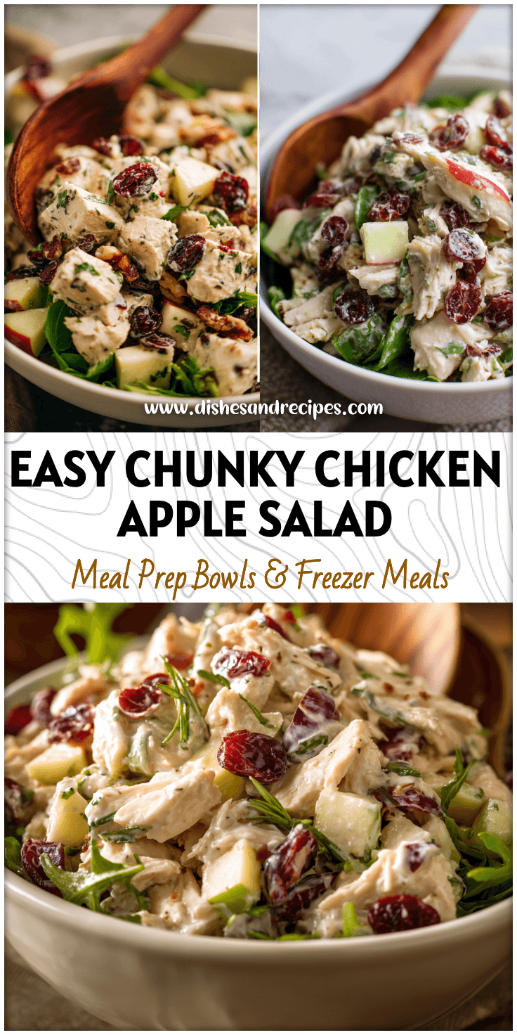 Chunky chicken apple cranberry salad served in white bowl with fresh greens and wooden spoon