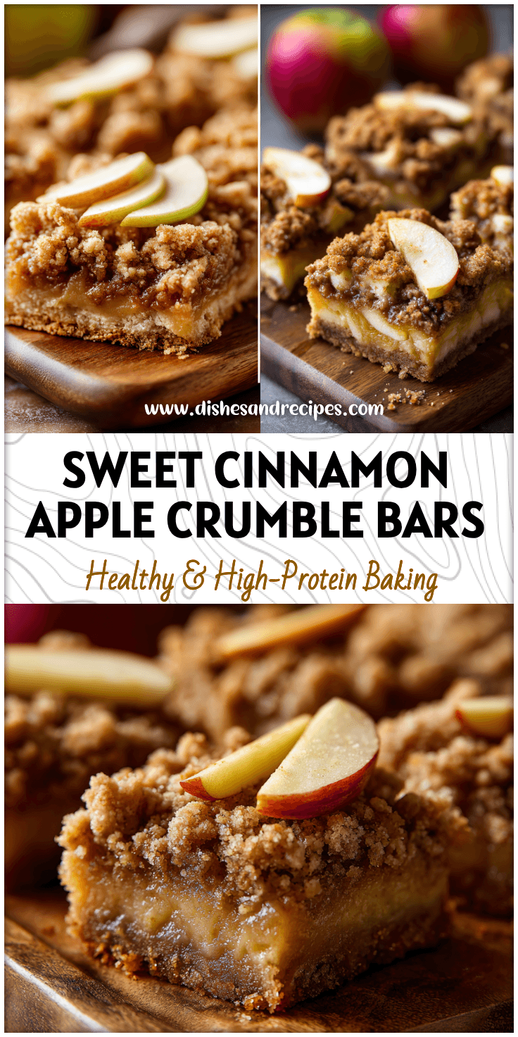 Golden Cinnamon Apple Crumble Bars With Cake Mix topped with streusel and apple slices on a wooden board.