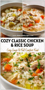 A bowl of Classic Chicken And Rice Soup with tender chicken pieces, fluffy rice, and vegetables served warm.