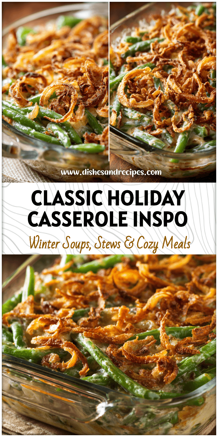 Classic string bean casserole topped with crispy onions served in a clear glass baking dish