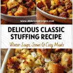 Golden baked Classic Thanksgiving Stuffing with sausage and apple chunks in a rustic dish.