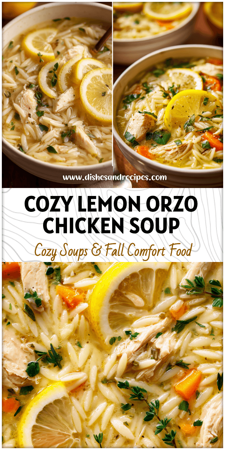 Bowl of creamy Lemon Orzo Soup with pieces of chicken, lemon slices, and fresh herbs.
