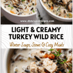 Creamy bowl of Turkey And Wild Rice Soup with wild rice, turkey chunks, and fresh herbs in a white bowl.