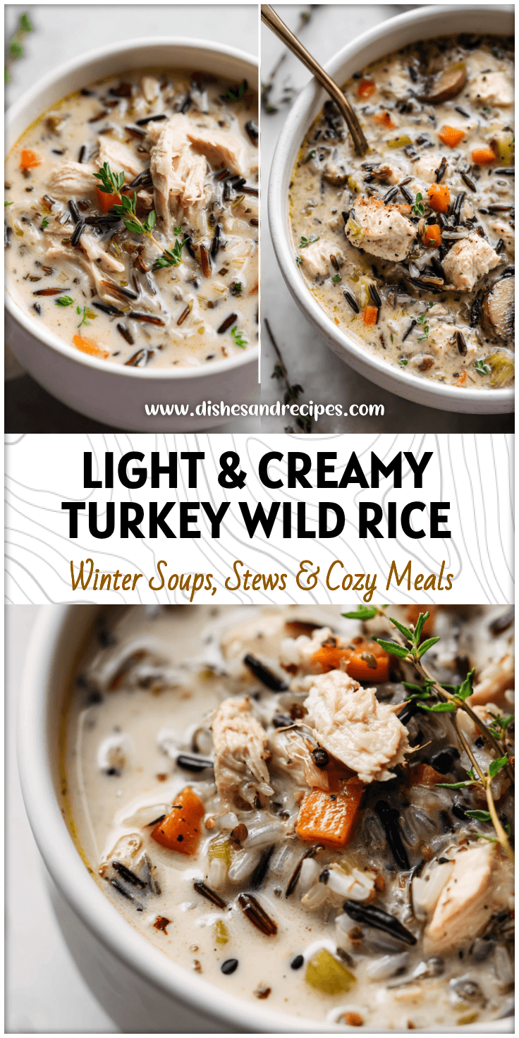 Creamy bowl of Turkey And Wild Rice Soup with wild rice, turkey chunks, and fresh herbs in a white bowl.