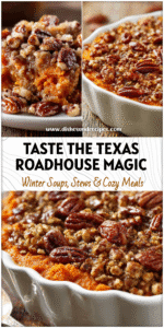 Baking dish of Texas Roadhouse Sweet Potato Casserole with caramelized pecan topping on a wooden table