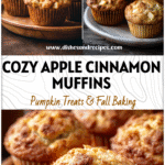 Freshly baked Apple Cinnamon Muffins with golden tops and bits of Warm Apple served on a rustic wooden plate.