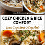 Bowl of warm Chicken and Rice Fall Soup with mushrooms and herbs perfect for cozy fall crockpot recipes.