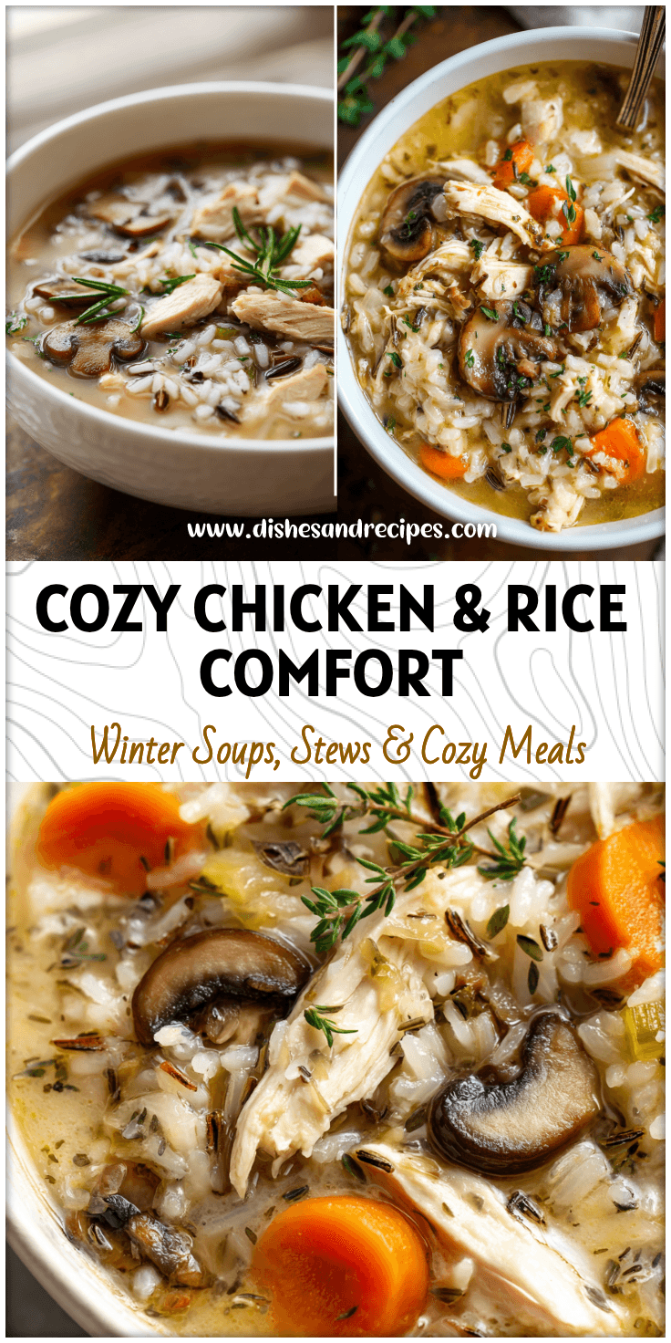 Bowl of warm Chicken and Rice Fall Soup with mushrooms and herbs perfect for cozy fall crockpot recipes.