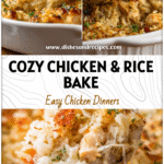 Golden baked chicken and rice casserole in a white dish, served as a comforting family dinner meal.