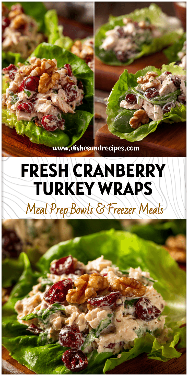 Cranberry turkey salad lettuce wraps filled with walnuts, greens, and creamy dressing from leftover turkey.