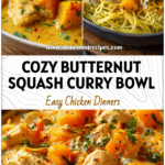 Bowl of creamy Butternut Squash Chicken Curry topped with fresh herbs and coconut sauce.
