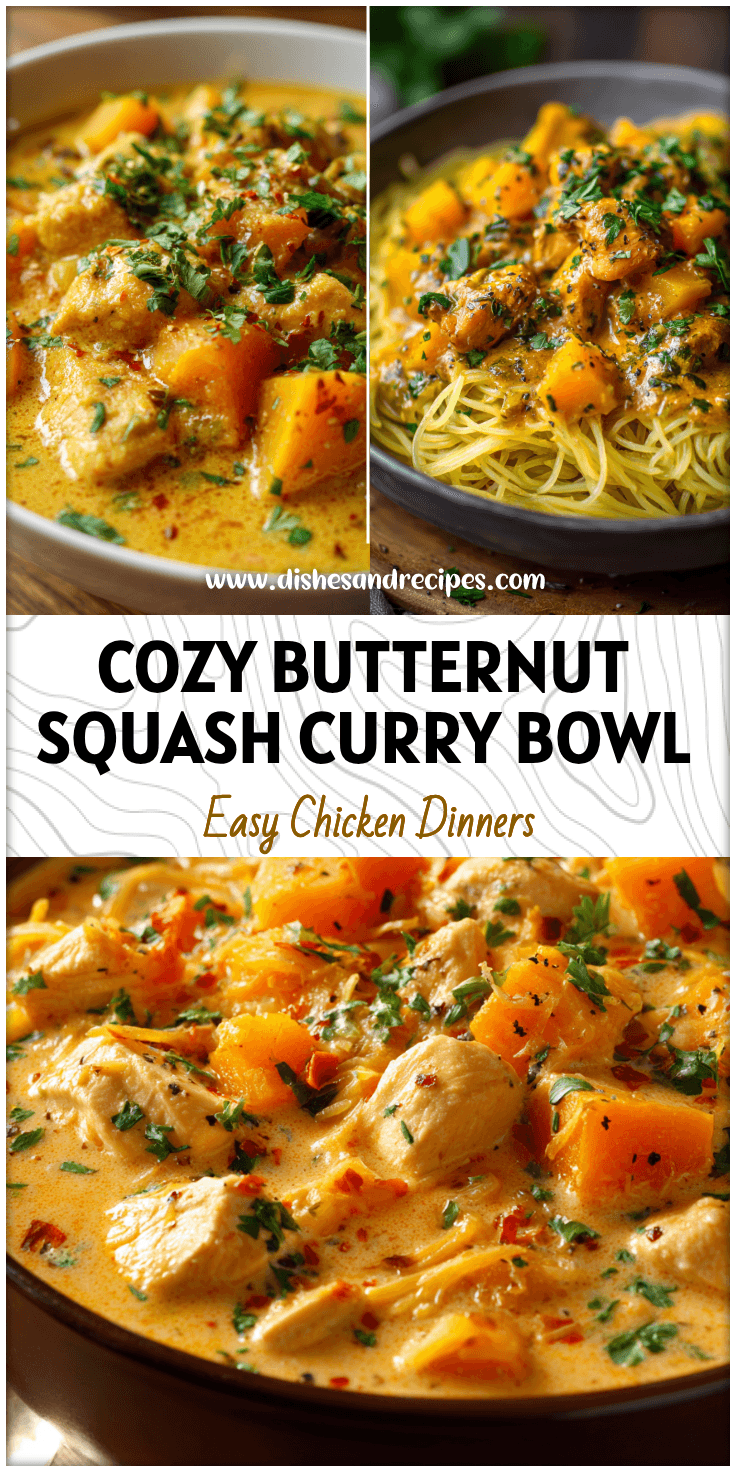 Bowl of creamy Butternut Squash Chicken Curry topped with fresh herbs and coconut sauce.
