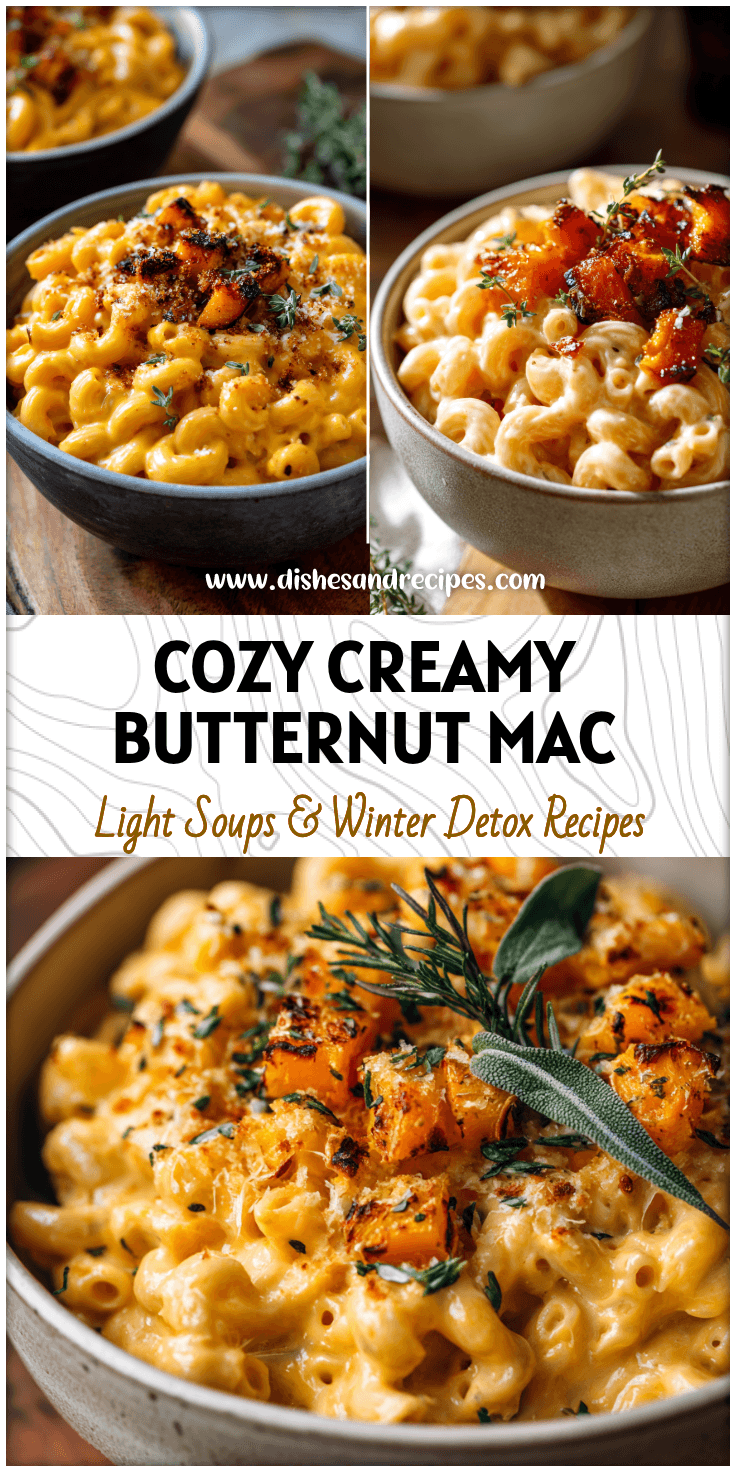 A bowl of creamy Butternut Squash Mac And Cheese topped with roasted squash and herbs.